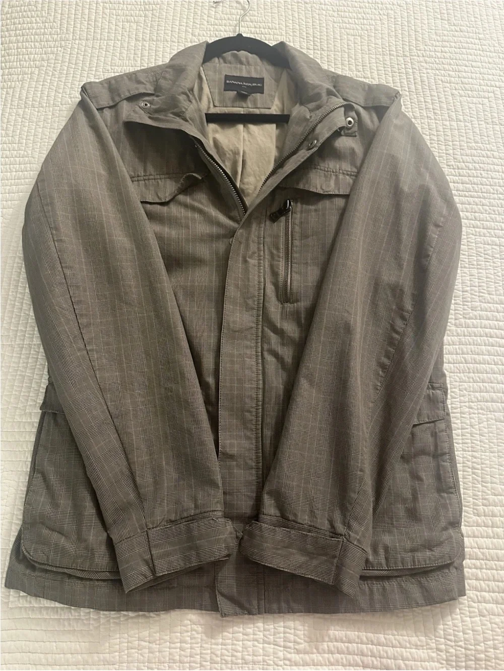 Banana Republic Men’s Military Style Jacket Gray Plaid Pockets Lightweight Sz S